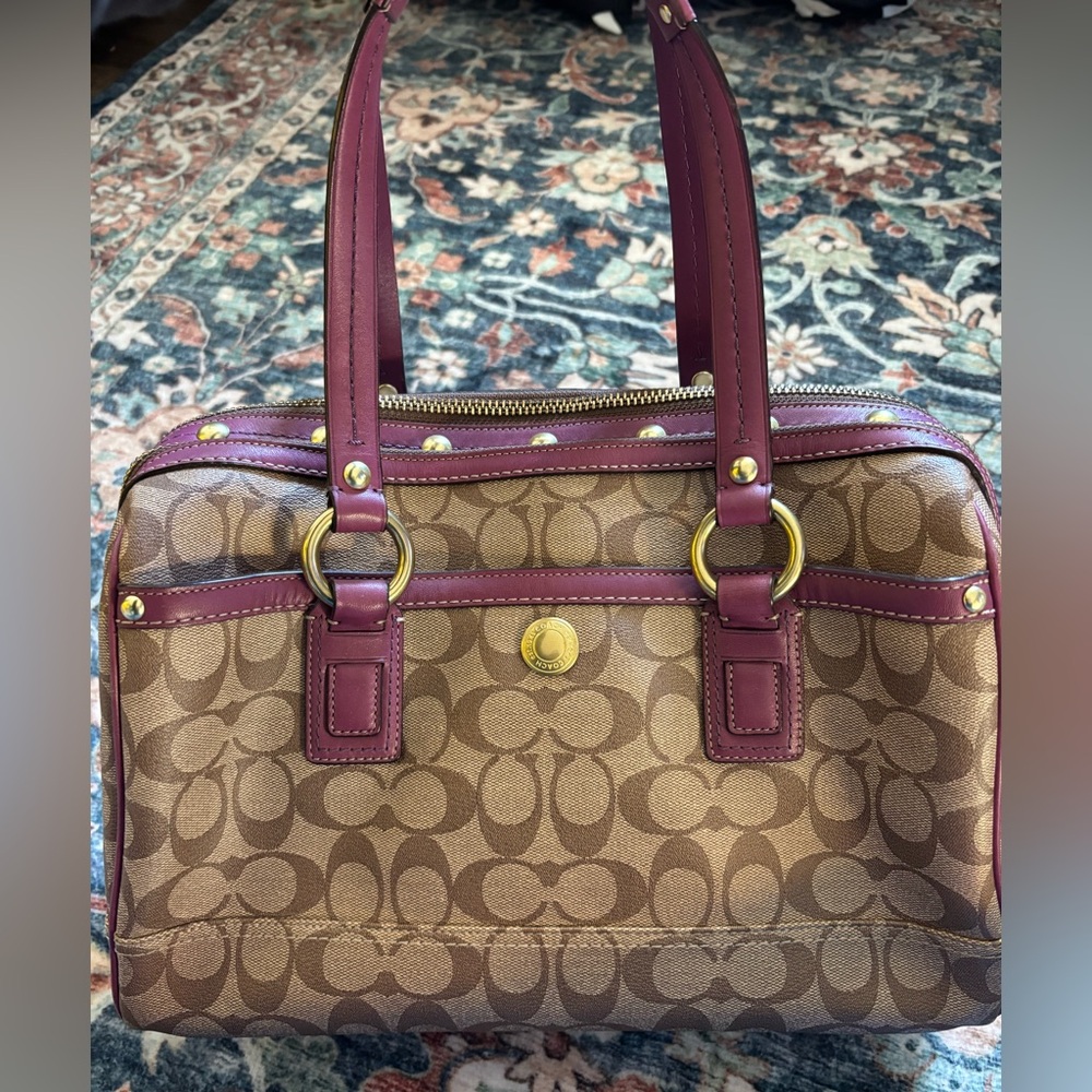 Coach Signature Satchel with Plum Trim and Gold Hardware